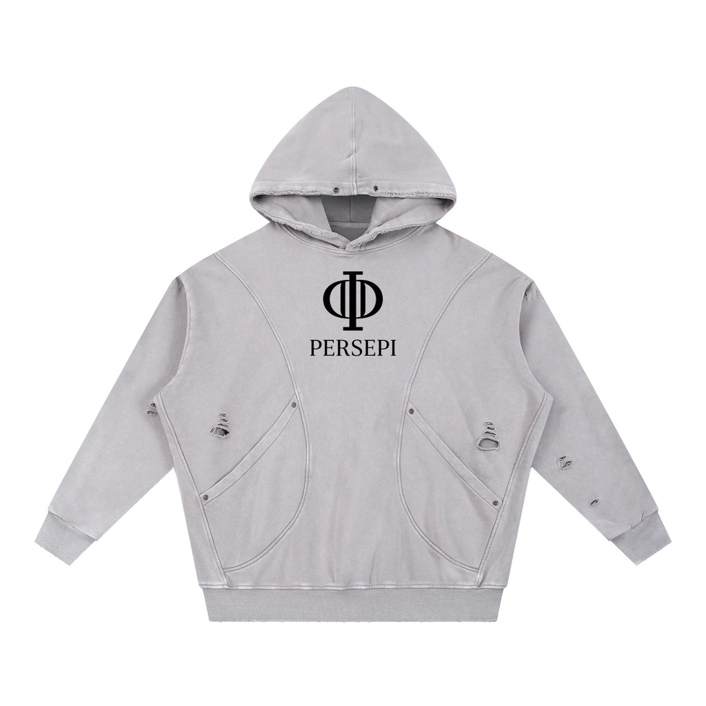 Snow Washed Distressed Panel Pocket Hoodie